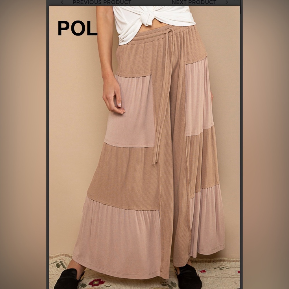 BPB224-9🤎POL perfection in  Two-Tone Tiered wide leg soft pants in tan+taupe!